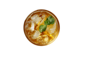A top-down view of an iced tea with lemon and mint leaves, surrounded by scattered ice cubes on a Transparent background PNG
