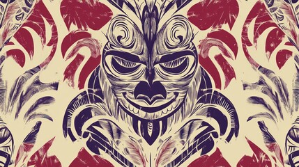 Fototapeta premium Intricate symmetrical mask design with floral elements, beige and burgundy palette.