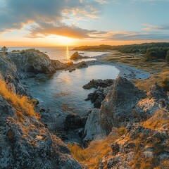 Serene coastal landscape at sunset with rocky foreground and calm waters.