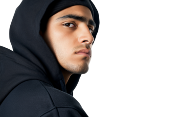 Handsome man wearing black hoodie and looking up, isolated on transparent background