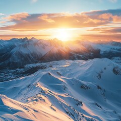 Winter sunrise over snow-covered mountains with colorful sky.