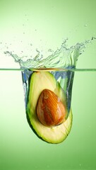 Fresh avocado halves splashing into clear water with green background