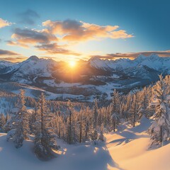 Stunning winter landscape with mountains and a sunset view.