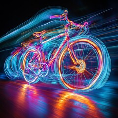 Neon bicycle in motion with vibrant light trails.
