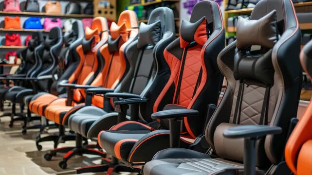 Comfortable gaming chairs arranged in a row on store display shelves