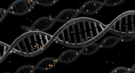 Dark, stylized 3D renderings of DNA strands, glowing particles floating around.