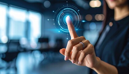Businessman using finger to interact with floating holographic button in office
