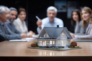 Model of house on conference table during discussions in agency with agents discussing real estate purchase deal