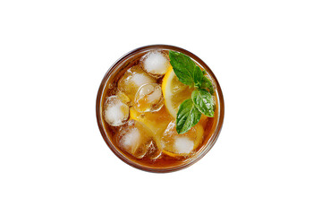 A top-down view of an iced tea with lemon and mint leaves, surrounded by scattered ice cubes on a Transparent background PNG
