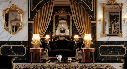 Opulent interior with marble walls, gilded mirrors, and sumptuous velvet seating arrangement