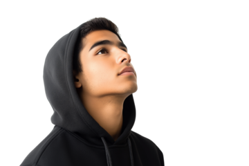 Handsome man wearing black hoodie and looking up, isolated on transparent background