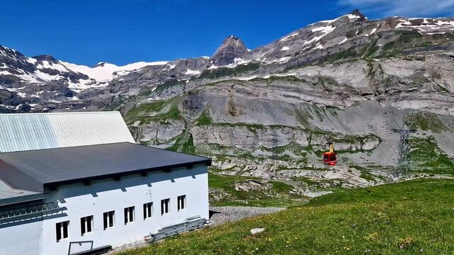 Switzerland, Valais canton. Swiss nature scenery. Gemmi pass (Gemmipass) cable car near Leukerbad resort. popular for hiking activities in Alps mountains
