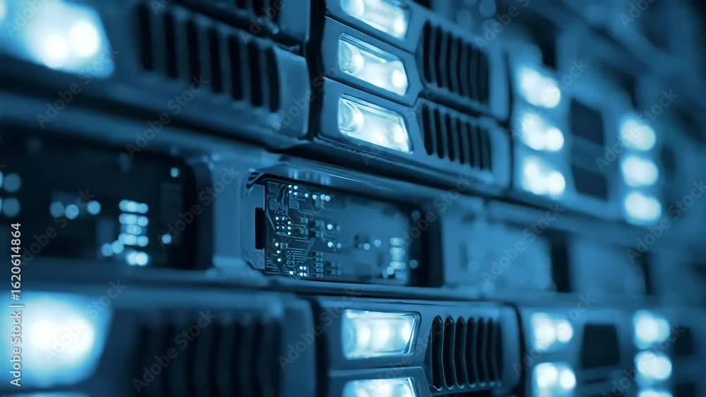 Aufkleber close-up view of illuminated server components showcasing modern data storage technology in a blue h