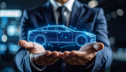 Businessman presenting digital hologram of a futuristic car model