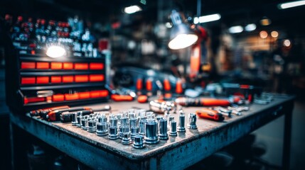Automotive tools meticulously arranged, showcasing precision and craftsmanship in a workshop.
