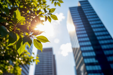 Green leaves in sunlight against a modern skyscraper, symbolizing harmony between urban life and nature. A concept for a sustainable city, eco-friendly future, and corporate responsibility
