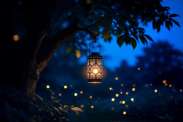 A glowing lantern hangs from a tree in a magical garden during blue hour, with firefly-like bokeh lights creating a peaceful, enchanting, and serene atmosphere.