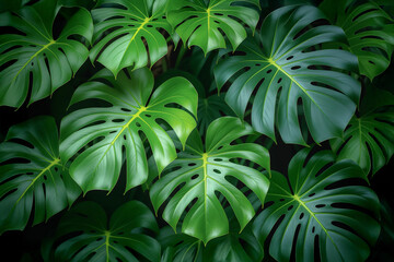 A dense cluster of vibrant Monstera Deliciosa leaves, creating a lush tropical pattern. Perfect for biophilic design, natural wallpapers, and calming, wellness-themed visuals