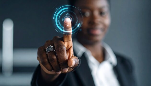 Smiling businessman interacting with holographic interface in office