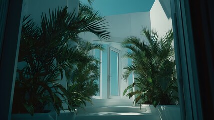A sun-drenched interior courtyard filled with lush tropical plants.