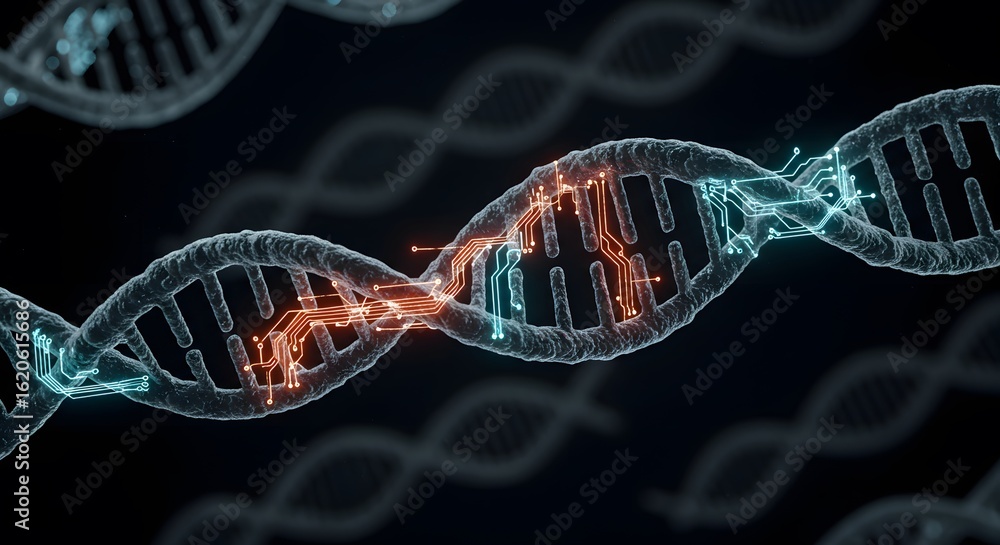 Poster dna strands breaking apart, revealing internal structure and genetic code. a digital rendering illus