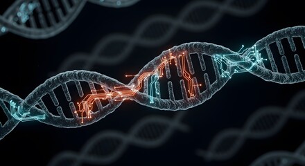 DNA strands breaking apart, revealing internal structure and genetic code.  A digital rendering illustrates the fragility and complexity of genetic material.