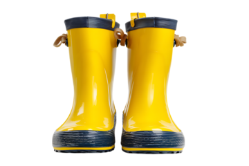 A Pair of Bright Yellow Children's Rubber Rain Boots  Isolated on transparent background, cutout	