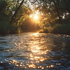 Sunlight filters through trees, reflecting golden sparkles on a flowing river surrounded by dense greenery in a serene natural setting.