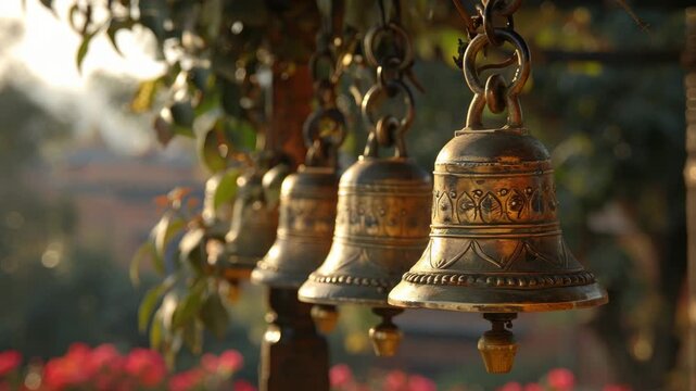 Golden bells hanging in a row from a tree branch with sunlight filtering through leaves