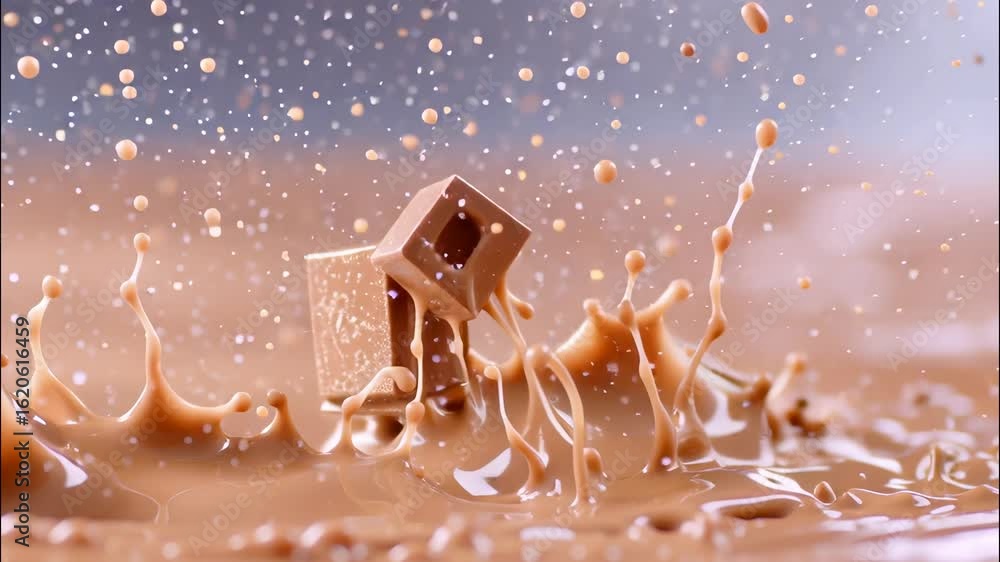 Poster motion chunks falling into steaming cocoa, forming rich splashes and scattered droplets with intense