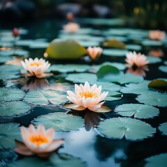 Soft pink water lilies float peacefully on dark green lily pads in calm water at dusk.