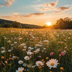 A vibrant meadow filled with blooming daisies and wildflowers under a golden sunset sky, creating a peaceful and picturesque rural landscape.