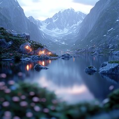 Serene mountain lake surrounded by snow-capped peaks and rocky cliffs, with soft glowing lights near the shore reflecting on calm water.