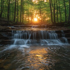 Sunlight streams through a forest, illuminating a multi-tiered waterfall cascading over rock formations into a flowing river below.