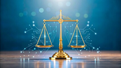 Golden justice scale with futuristic digital law technology concept

