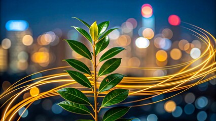 Green plant growing with city lights and energy lines in urban background

