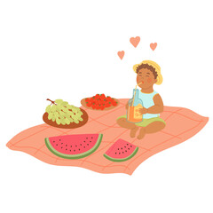 Little boy sits on blanket, drinking and eating watermelon, grapes and strawberry at park in summer picnic in flat cartoon design. Cute kid relaxing outside at nature. Vector illustration isolated.