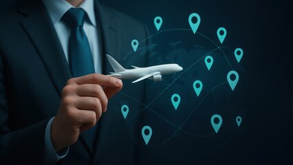 A businessman holds a model airplane with floating air routes and geolocation icons, symbolizing global logistics, air traffic management, air transport, and air rush