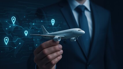 A businessman hand holds a mini airplane surrounded by glowing gps pins and data icons in a futuristic interface, air traffic management, air transport, air rush