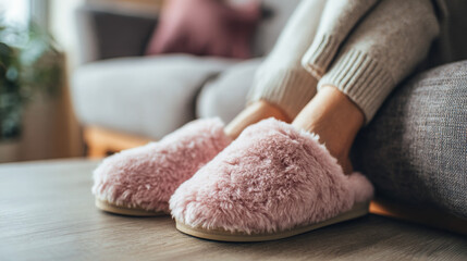 Close-up of a woman wearing plush indoor slippers while relaxing at home