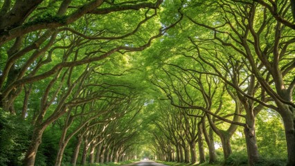 Obraz premium Walk through nature's stunning green canopy along a tree lined road for an immersive nature experience