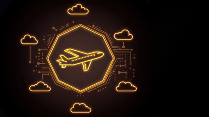 A professional interacts with floating airplane icons in a futuristic ambient lit area on a dark background, air traffic management, air transport, air rush