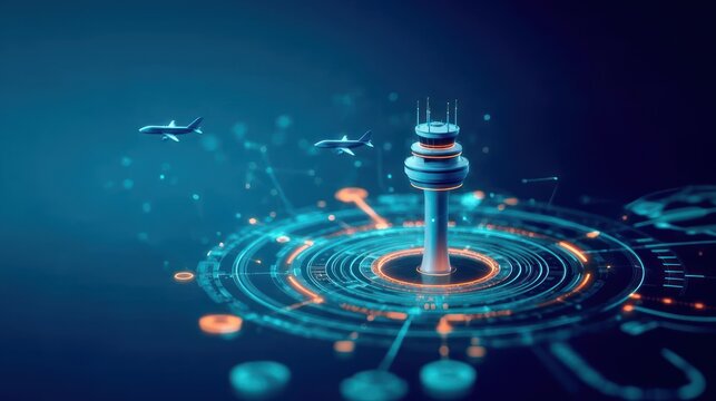 A hexagonal logo with an airplane icon and circuit lines symbolizing modern air travel, air traffic management, air transport, air rush