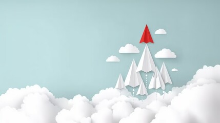A paper pyramid of white planes with one red plane at the top surrounded by clouds, air traffic management, air transport, air rush