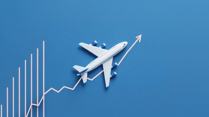 A white airplane on a growth graph with a blue background, symbolizing air traffic management, air transport, and air rush