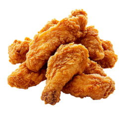 Delicious golden fried chicken drumsticks arranged on a dark surface for culinary enjoyment transparent background