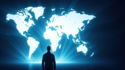 A glowing world map with light rays and a person gazing at it, represents an air traffic management, air transport, and air rush