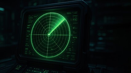 A glowing radar in a control room with green interface lines, High tech, modern tracking, Air Traffic Management, Air transport, Air rush