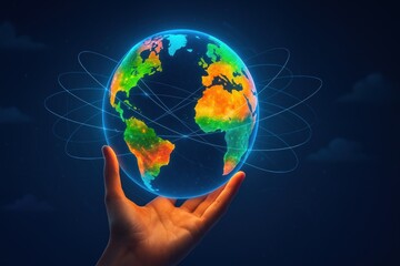 A hand holding a glowing globe with digital lines extending, symbolizing connectivity, Air Traffic Management, Air transport, Air rush
