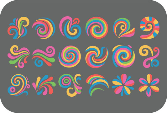 Vibrant swirls and floral motifs a collection of colorful psychedelic decorative elements on a gray background